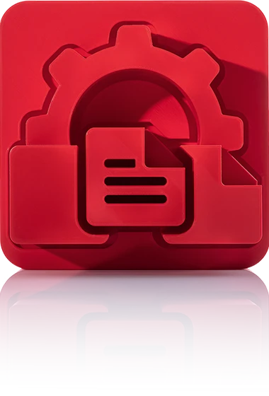 Das Symbol ist unicolor rot und zeigt ein Zahnrad, in das ein stilisiertes Dokument mit drei horizontalen Linien integriert ist. Das Symbol befindet sich in einem Quadrat mit abgerundeten Ecken. Dieses Icon steht für das Print-Publishing von crossbase.