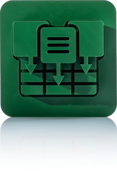 The symbol is unicolor green and shows two stylized table or catalog symbols with a line structure that overlap. In front of them is an arrow indicating an export process. It is shown in a square with rounded corners. This icon stands for the E-catalogs data export module of crossbase.