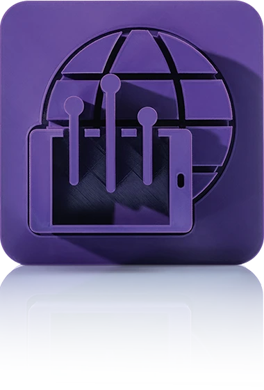 The symbol is unicolor purple and shows a smartphone or tablet in front of a stylized globe with grid lines. Lines with dots at the end rise up from the mobile device. It is shown in a square with rounded corners. This icon stands for the Mobile Applications module of crossbase.